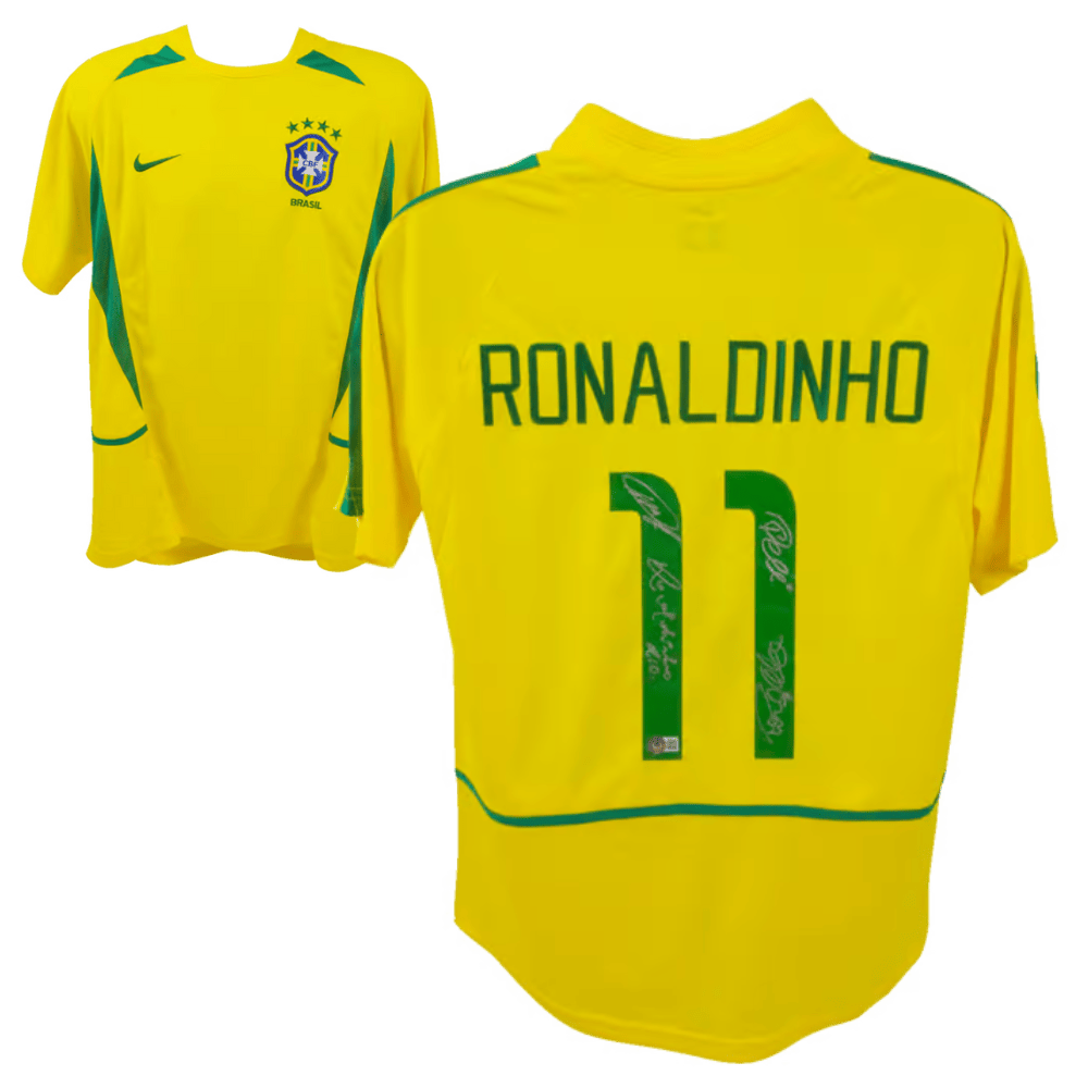 Pele, Ronaldinho, Ronaldo Nazario & Roberto Carlos Signed Brazil Jersey – Beckett COA