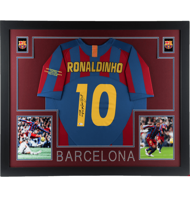 Framed Ronaldinho Signed Barcelona Jersey – Beckett COA