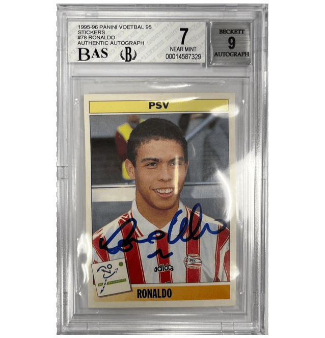 Ronaldo Nazario Signed 1995-96 Voetbal Rookie Sticker #78 – BGS 7 Auto 9