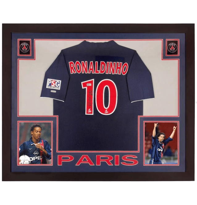 Framed Autographed/Signed Ronaldinho 33x42 PSG PG Blue Jersey BAS COA