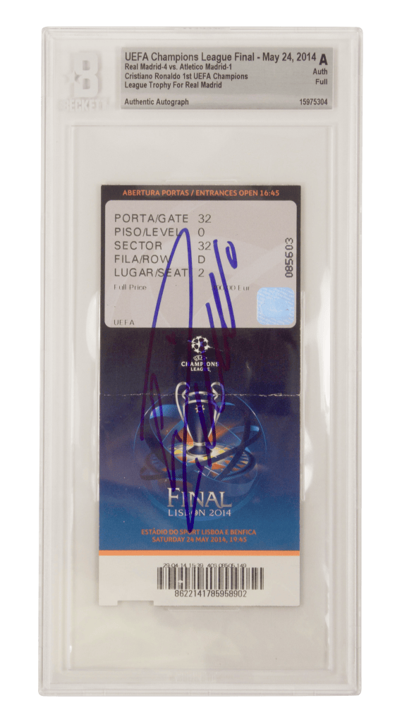 Cristiano Ronaldo Signed 2014 UCL Final Ticket 1st Madrid Trophy – BGS Authentic