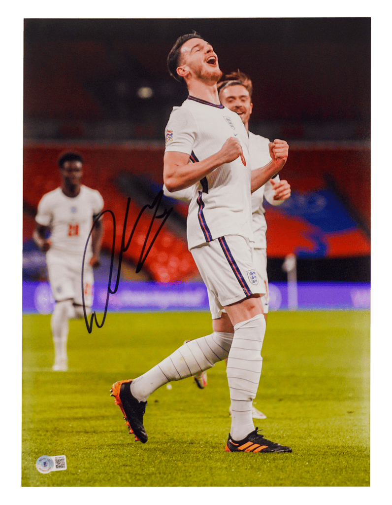 Declan Rice Signed England Goal Celebration Photograph 12 x 16 – Beckett COA