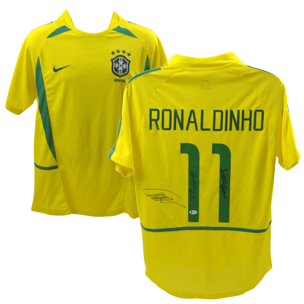 Ronaldinho, Kaka & Roberto Carlos Signed Brazil Yellow #11 Jersey – Beckett COA