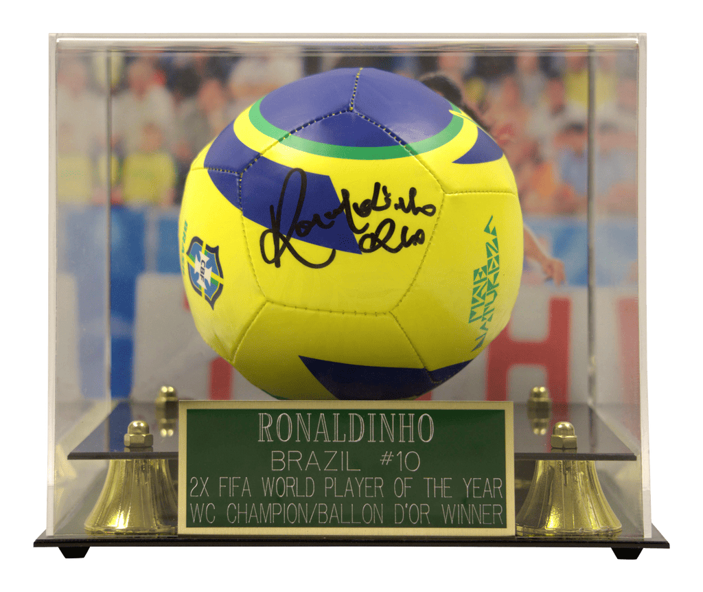 Ronaldinho Signed Nike Soccer Ball with Display Case & Photo Print – Beckett COA