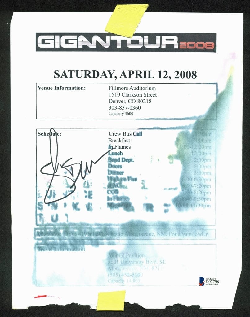 Megadeth Shawn Drover Authentic Signed 2008 Gigantour Schedule BAS #D07796