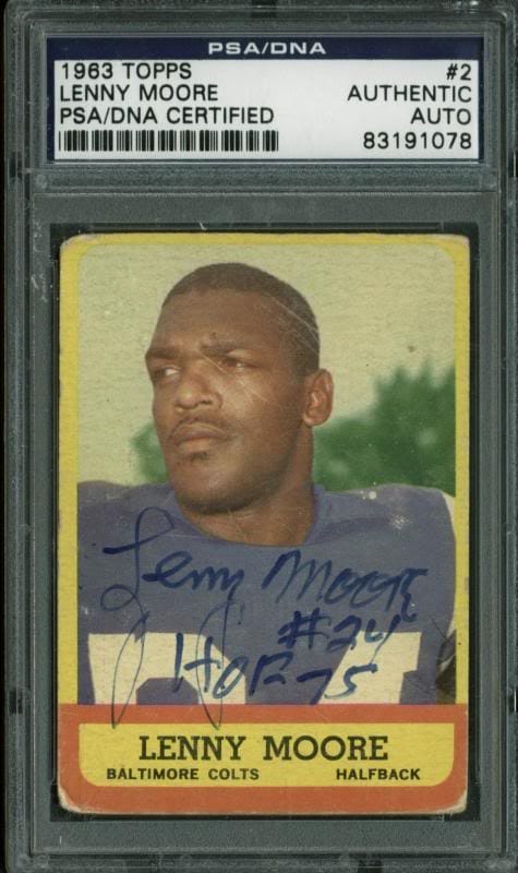 Colts Lenny Moore ‘HOF 75’ Authentic Signed Card 1963 Topps #2 PSA/DNA Slabbed