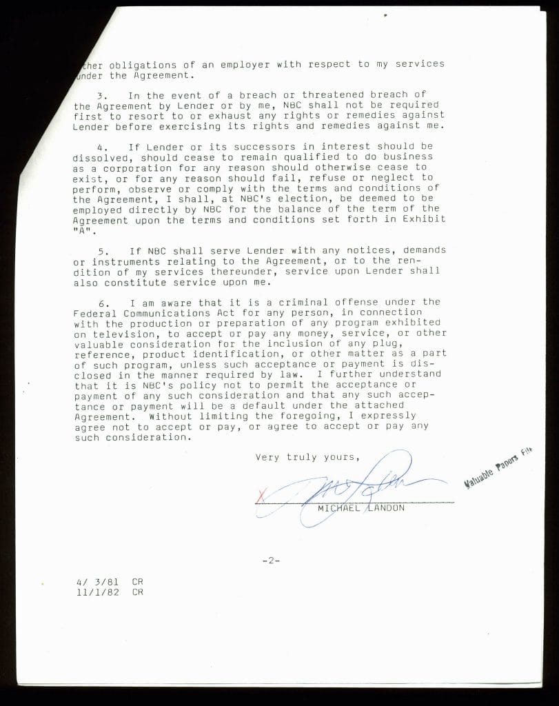 Michael Landon Bonanza Authentic Signed 1982 NBC Contract PSA/DNA #B61343