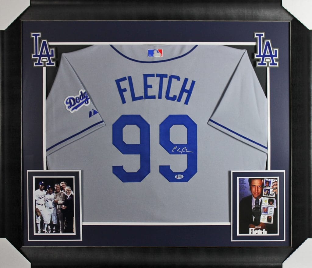 Chevy Chase Fletch Signed & Framed Grey Majestic Dodgers Jersey BAS Witnessed