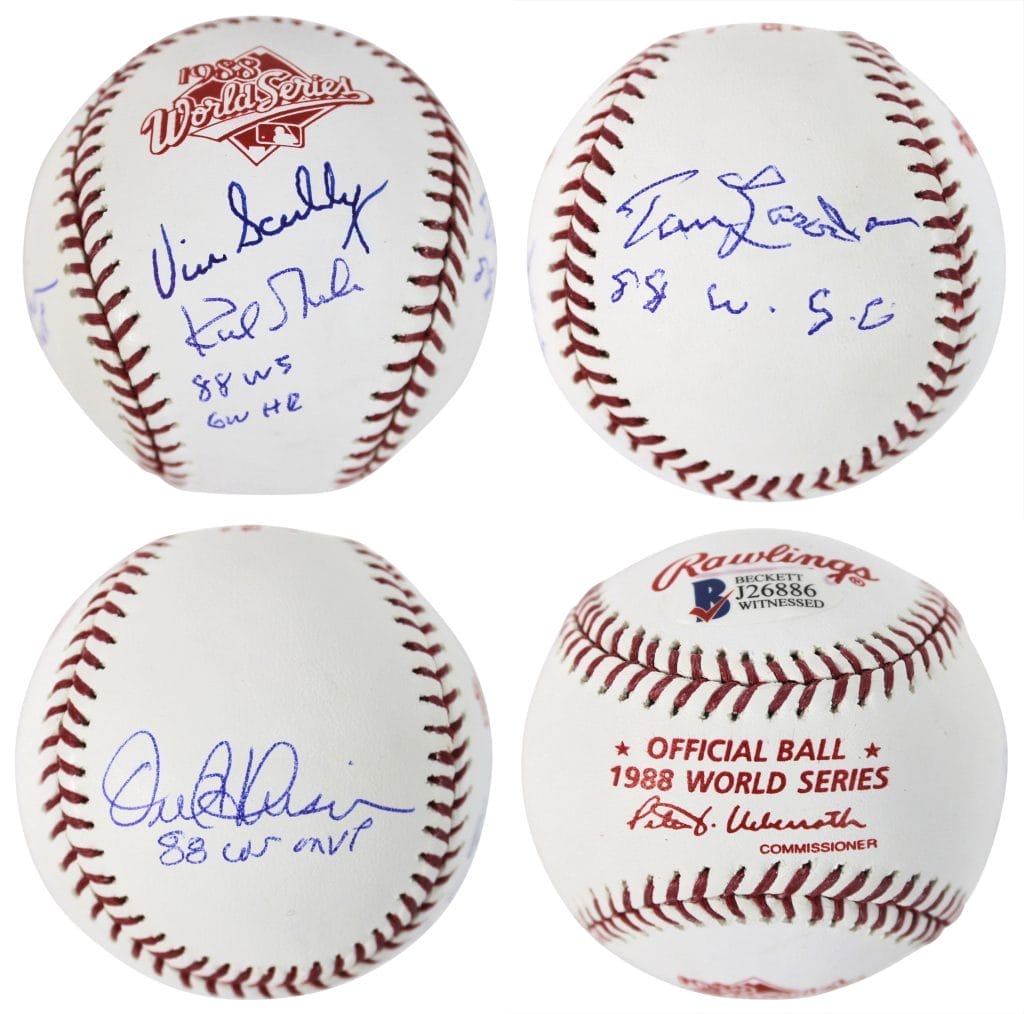 Dodgers (4) Scully, Hershiser, Lasorda & Gibson Signed 88 WS Logo Baseball BAS