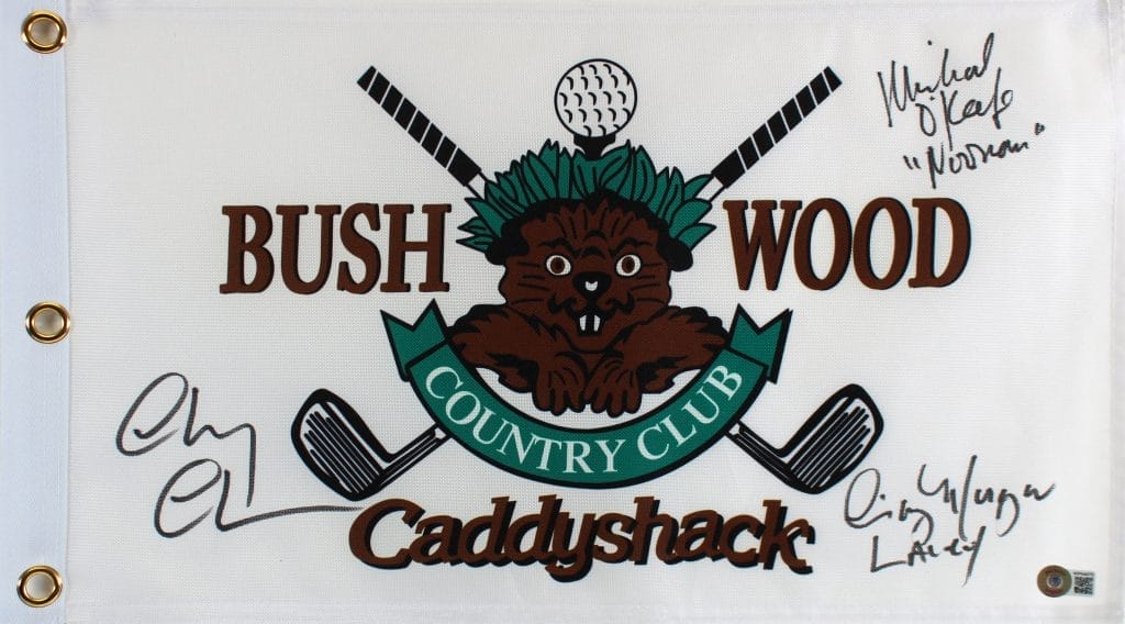 Caddyshack (3) Chase, Morgan & O’Keefe Signed Bushwood Flag BAS Witnessed