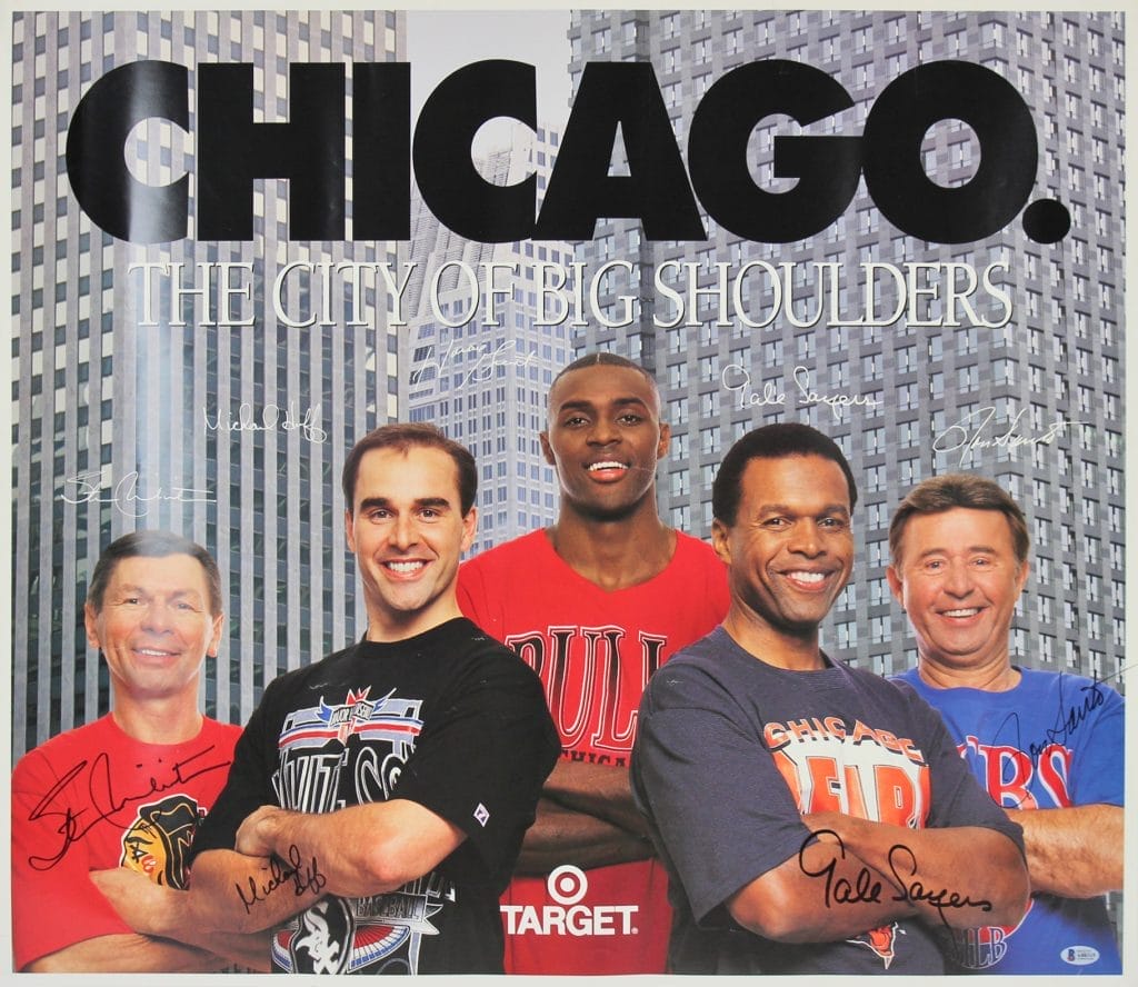 Chicago Greats (4) Sayers, Santo, Mikita & Huff Signed 26×30 Poster BAS #A88315