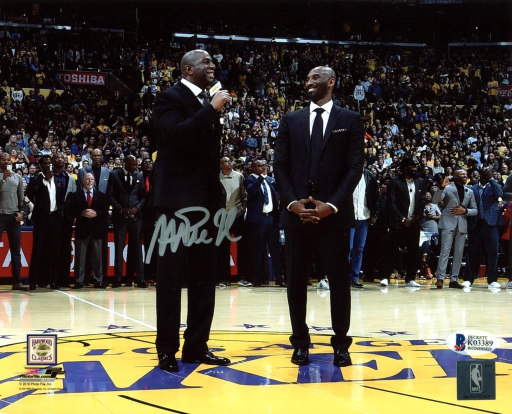 Lakers Magic Johnson Signed 8×10 Photo w/ Kobe Number Retirement BAS Witness 10