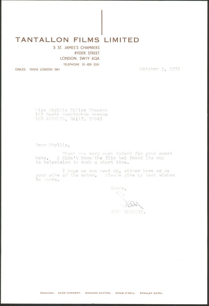 Sean Connery Signed 1972 7.75x11x75 Letter On Tantallon Films Ltd Letterhead BAS