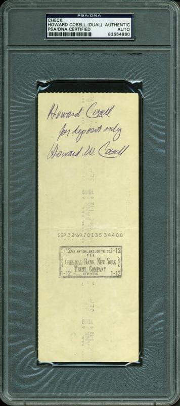 Howard Cosell Authentic Double Signed 3X8.25 Sept 19, 1969 Check PSA/DNA Slabbed