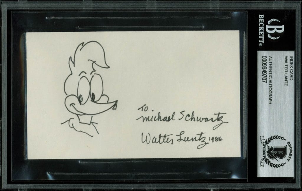 Walter Lantz Signed 3×5 Index Card w/ Woody Woodpecker Sketch BAS Slabbed
