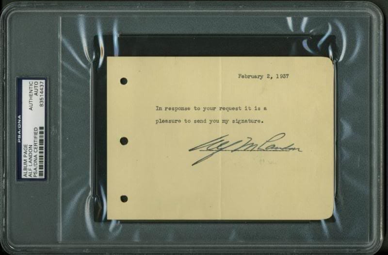 Alf Landon Authentic Signed 4.25X6 February 1937 Album Page PSA/DNA Slabbed