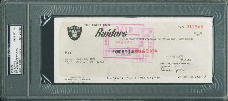 Al Davis Signed 3.5X8.5 1977 Raiders Check Auto Graded Gem Mint 10! PSA Slabbed