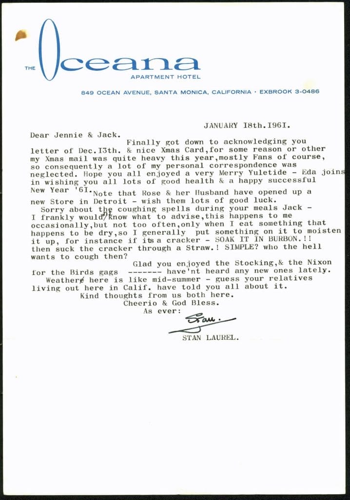 Stan Laurel Authentic Signed 7.25×10.5 1961 Oceana Hotel Letter PSA/DNA #Z08546