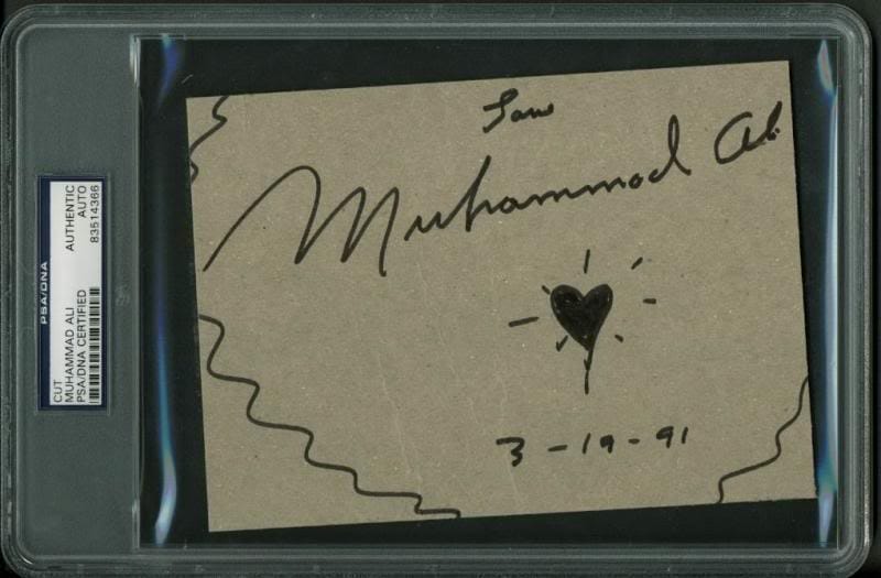Muhammad Ali ‘3-19-91’ Authentic Signed 5X7 Cut W/ Heart Sketch PSA/DNA Slabbed
