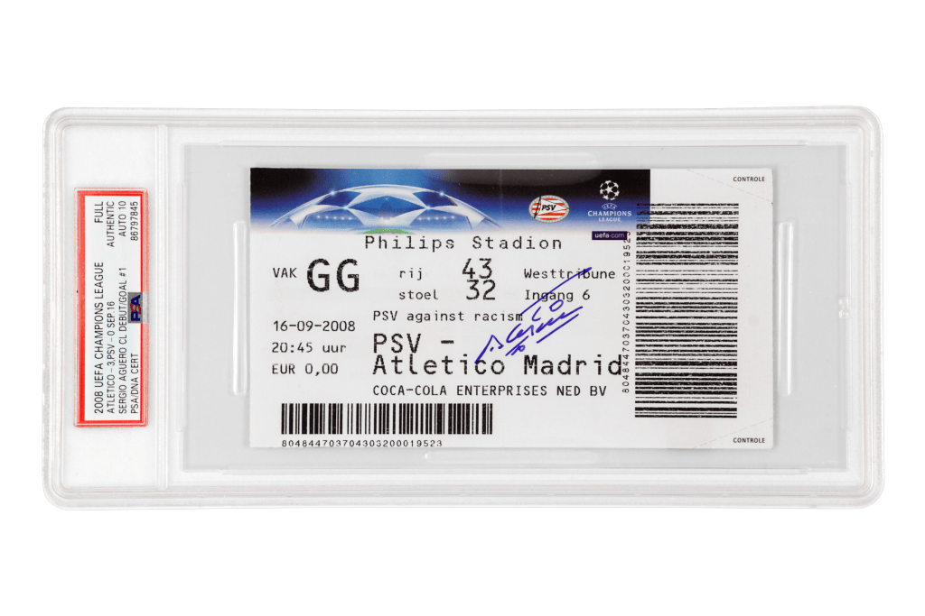 Sergio Aguero Signed Atletico Madrid UCL Debut / First Goal Match Ticket – PSA 10