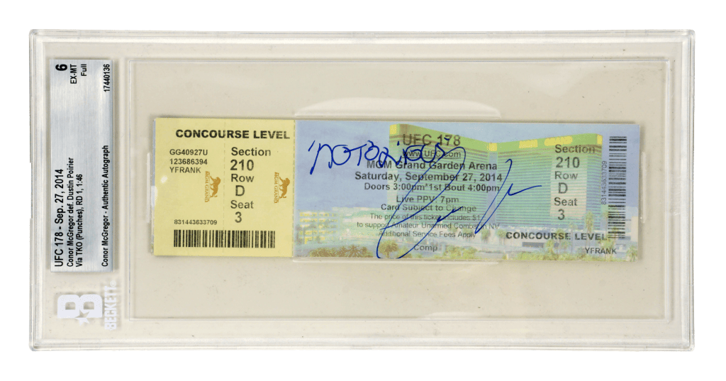 Conor McGregor Signed 2014 UFC Fight vs Dustin Poirier Inscribed Ticket – BGS 6